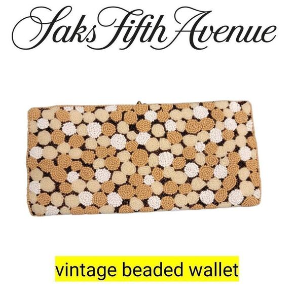 Vintage Formal Beaded Clutch Saks Fifth Avenue Neutral Satin Cocktail Bag - Picture 1 of 13